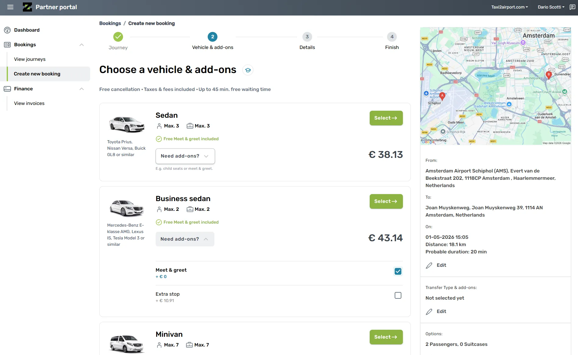 Transferz Travel Agent Portal showing vehicle selection and booking